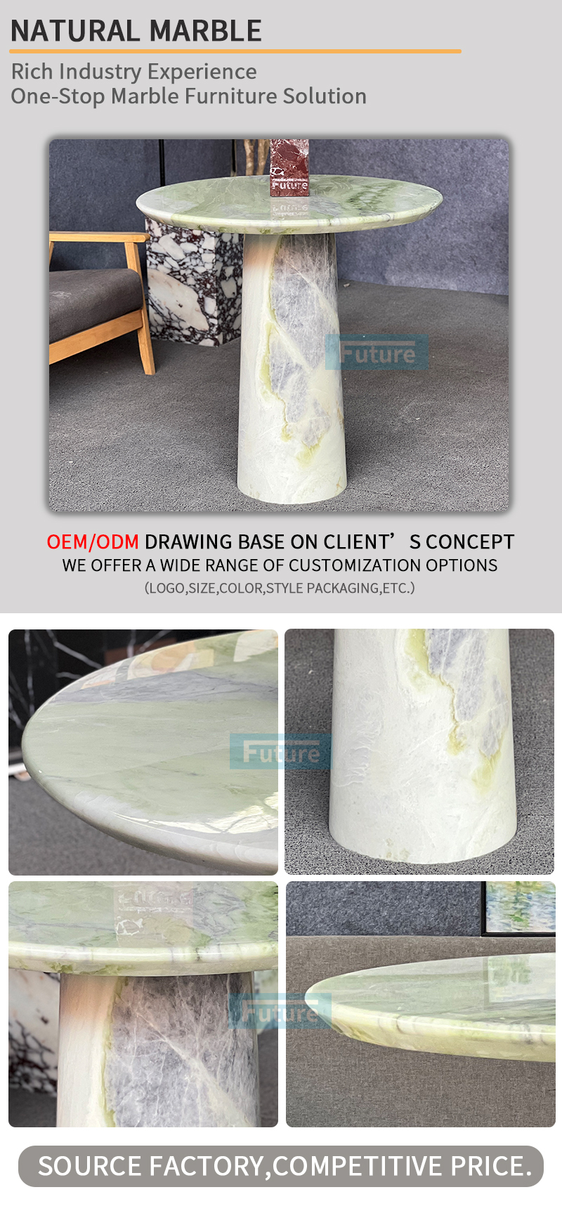 Luxury Modern Style Round Top Green Marble Side Tea Table For Home Decor Livingroom Furniture Villa Decor