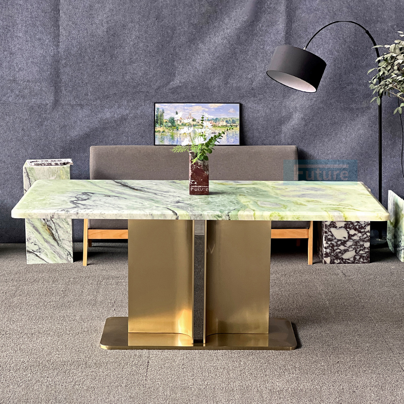 Luxury Modern Style Rectangular Fendi Green Marble Top Dining Table With Metal Leg For Home Decor Dining Furniture Dining Hall Restaurant