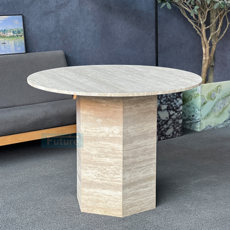 Luxury Wabi-sabi Style Round Top Beige Travertine Dining Table For Home Decor Dining Furniture Dining Hall Restaurant