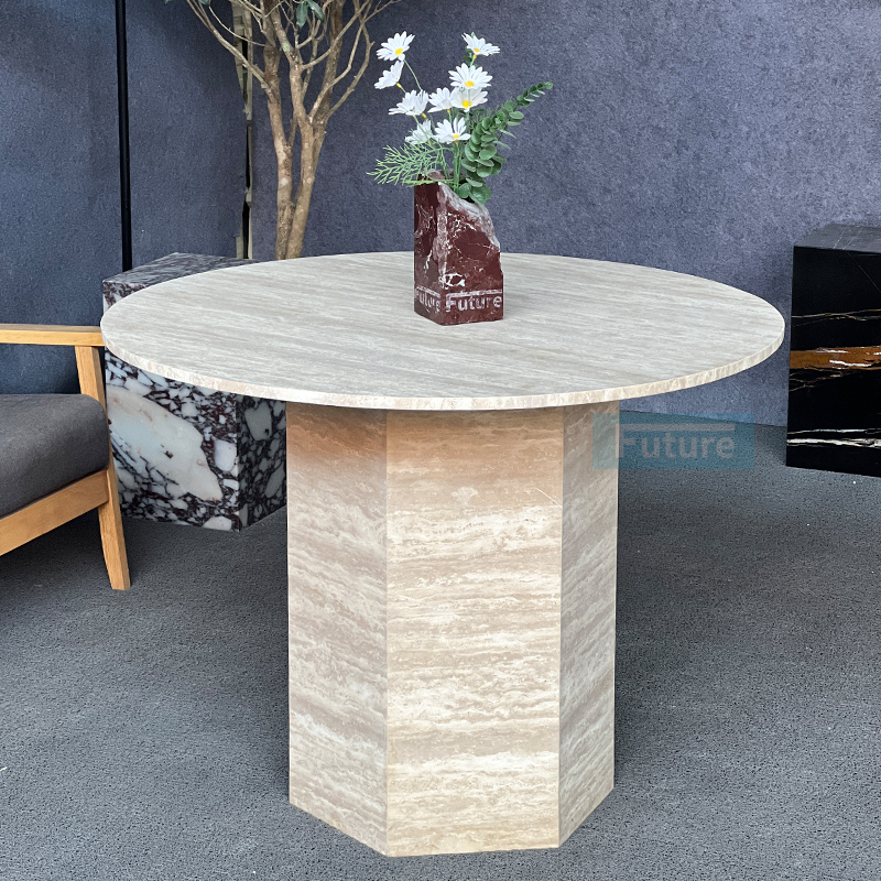Luxury Wabi-sabi Style Round Top Beige Travertine Dining Table For Home Decor Dining Furniture Dining Hall Restaurant