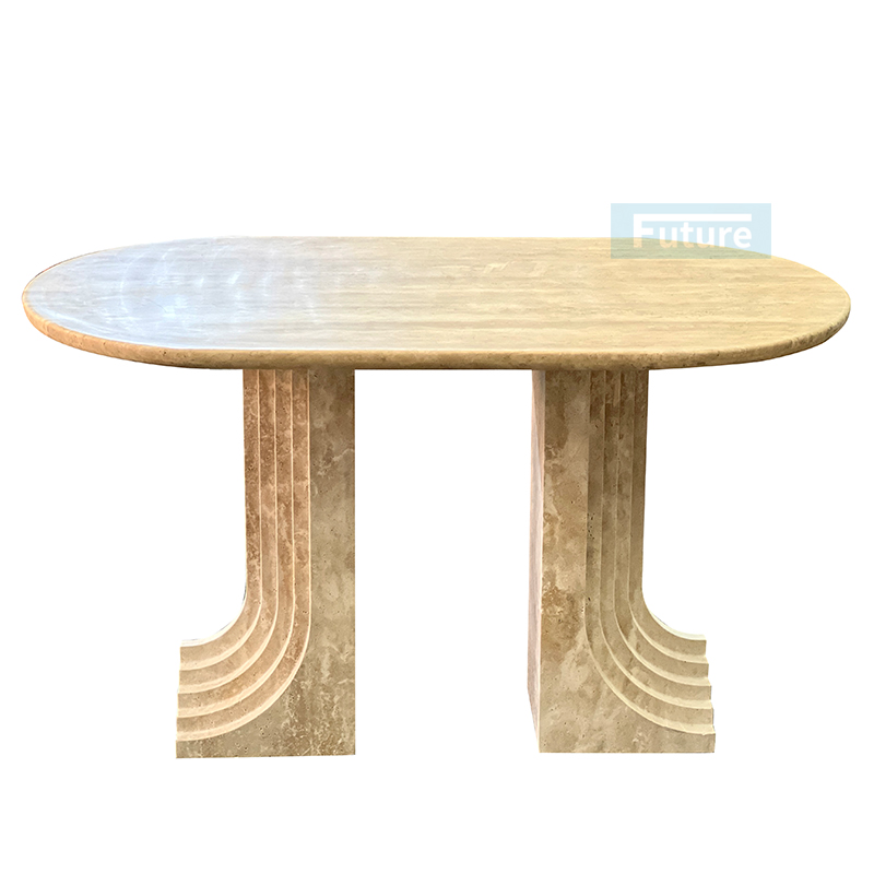 Luxury Wabi-sabi Style Oval Top Beige Travertine Dining Table With L Shape Leg For Home Decor Dining Furniture Dining Hall Restaurant
