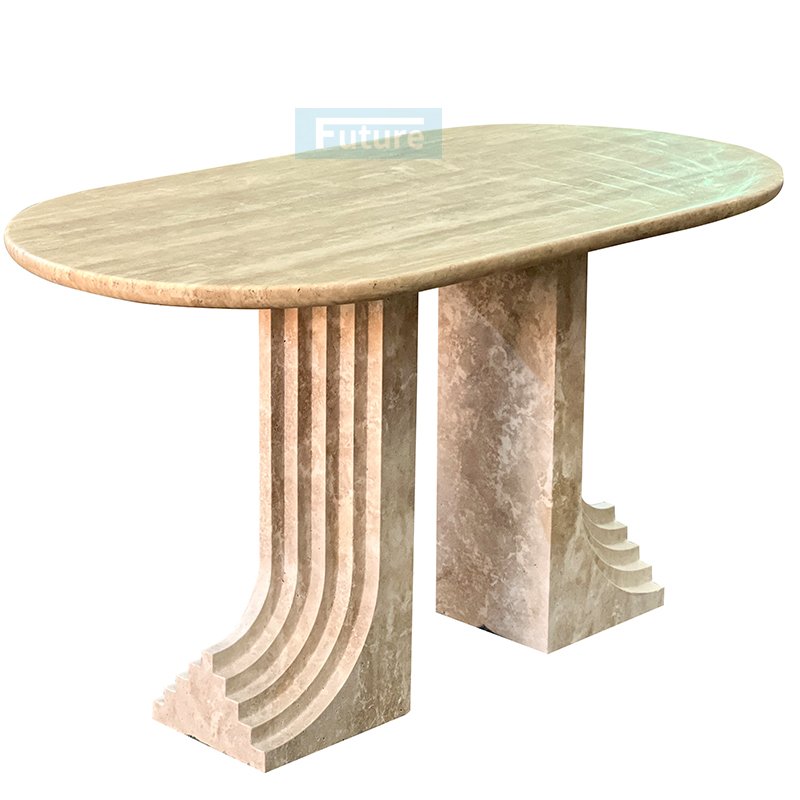 Luxury Wabi-sabi Style Oval Top Beige Travertine Dining Table With L Shape Leg For Home Decor Dining Furniture Dining Hall Restaurant