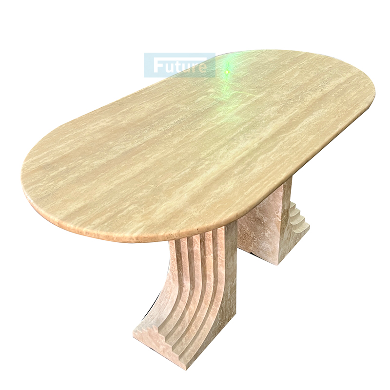 Luxury Wabi-sabi Style Oval Top Beige Travertine Dining Table With L Shape Leg For Home Decor Dining Furniture Dining Hall Restaurant
