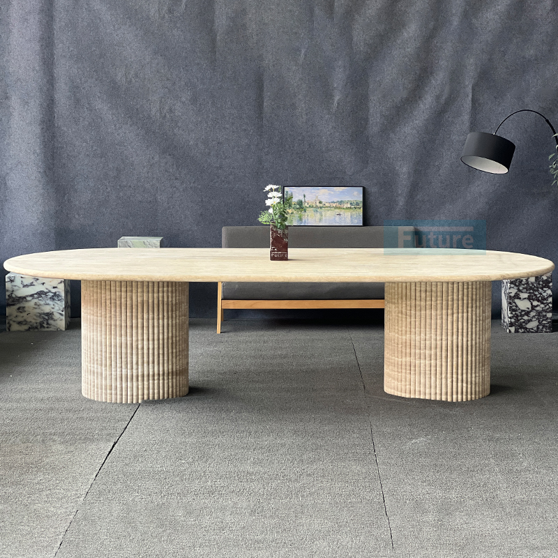 Luxury Wabi-sabi Style Long Size Oval Top Beige Travertine Dining Table For Home Decor Dining Furniture Dining Hall Restaurant Hotel