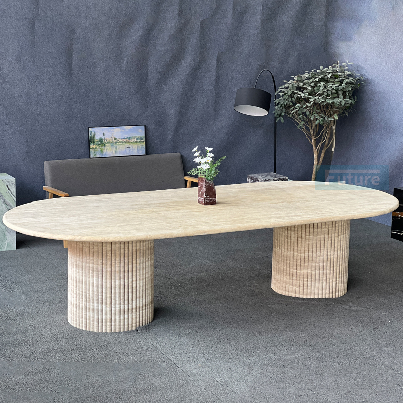 Luxury Wabi-sabi Style Long Size Oval Top Beige Travertine Dining Table For Home Decor Dining Furniture Dining Hall Restaurant Hotel