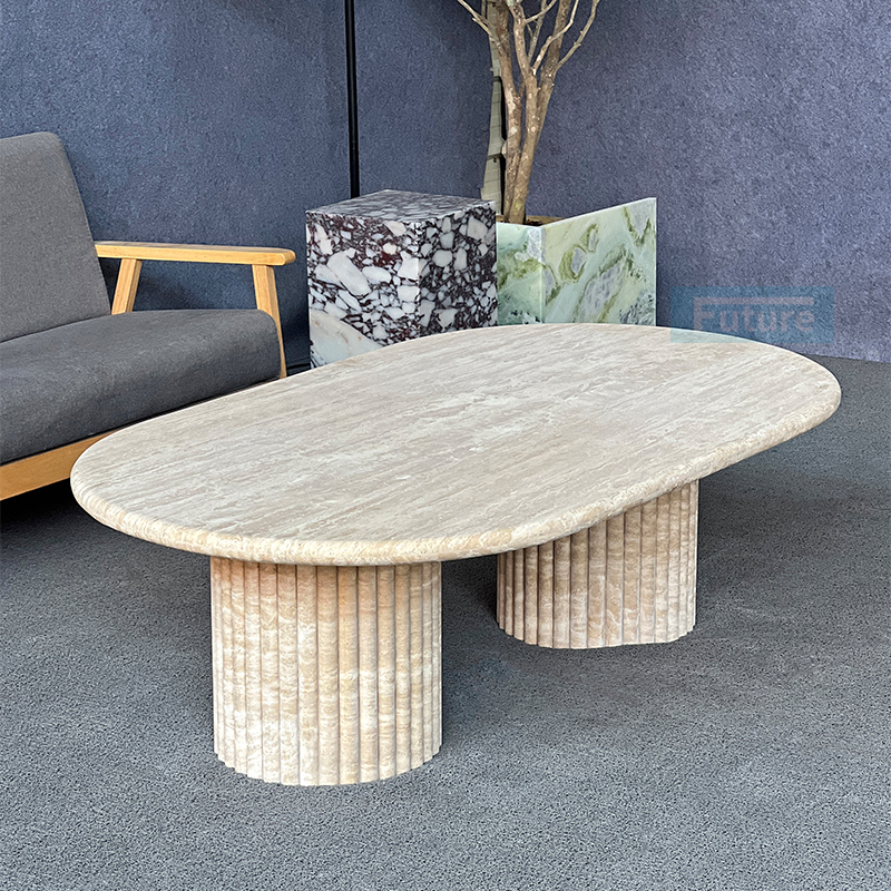 Luxury Wabi-sabi Style Oval Top Low Plinth Beige Travertine Coffee Table Tea Table For Home Decor Livingroom Furniture Villa Decor