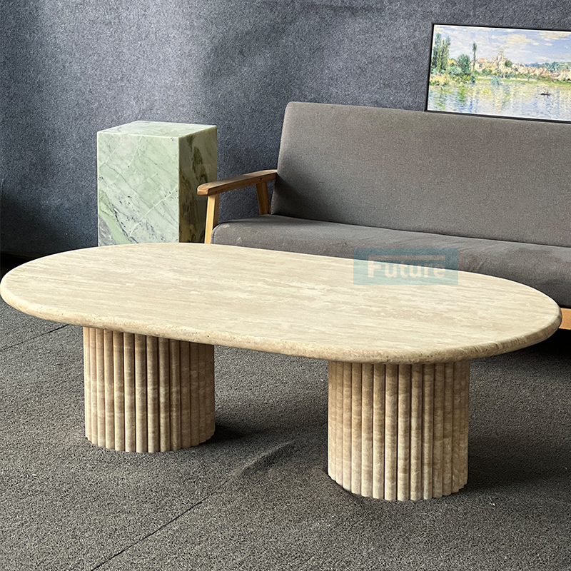 Luxury Wabi-sabi Style Oval Top Low Plinth Beige Travertine Coffee Table Tea Table For Home Decor Livingroom Furniture Villa Decor