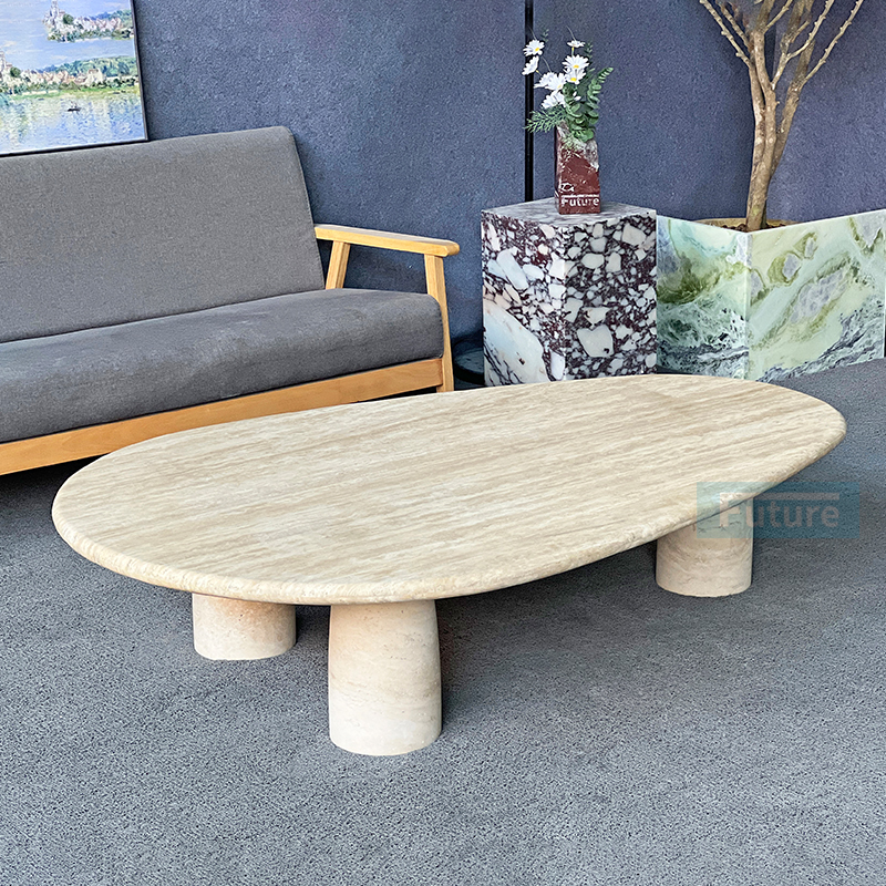 Luxury Wabi-sabi Style Elliptical Top Low Plinth Beige Travertine Coffee Table Tea Table For Home Decor Livingroom Furniture Villa Decor