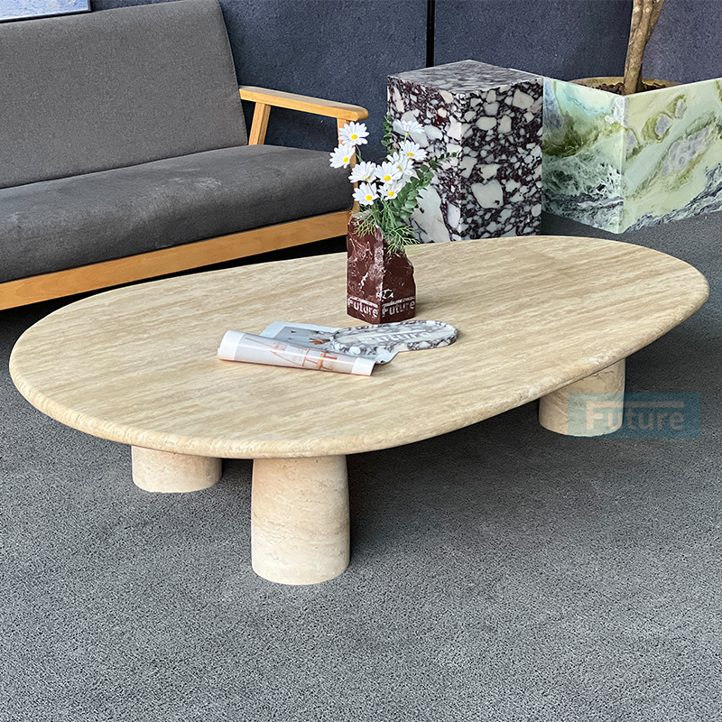 Luxury Wabi-sabi Style Elliptical Top Low Plinth Beige Travertine Coffee Table Tea Table For Home Decor Livingroom Furniture Villa Decor
