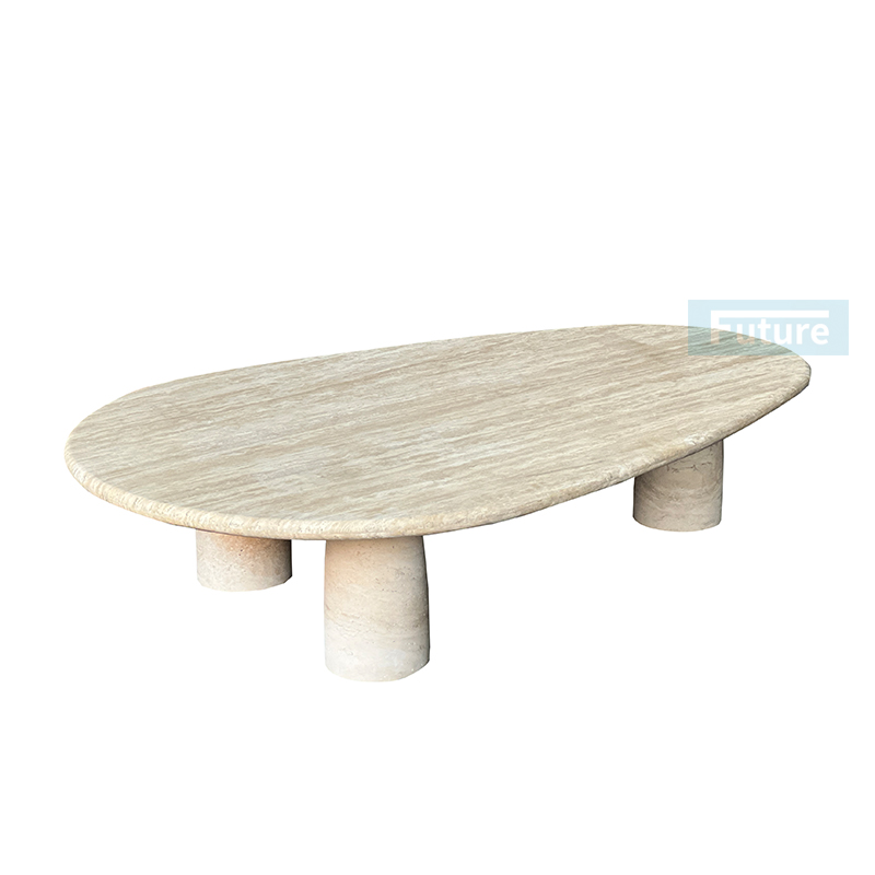 Luxury Wabi-sabi Style Elliptical Top Low Plinth Beige Travertine Coffee Table Tea Table For Home Decor Livingroom Furniture Villa Decor