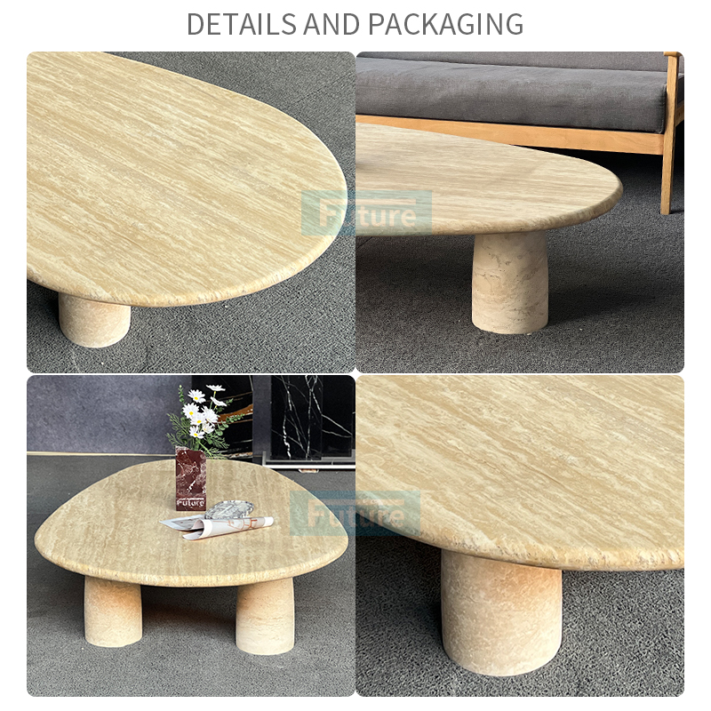 Luxury Wabi-sabi Style Elliptical Top Low Plinth Beige Travertine Coffee Table Tea Table For Home Decor Livingroom Furniture Villa Decor