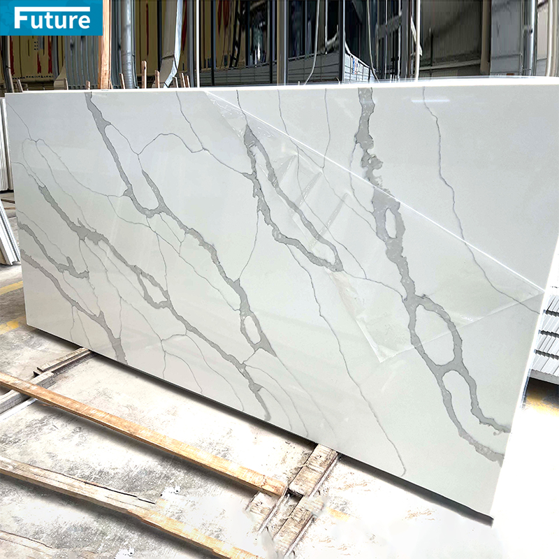 Custom White Gold Kitchen Countertops India Modern CE Certified Acrylic Artificial Marble Slabs Polished Calacatta Quartz Stone