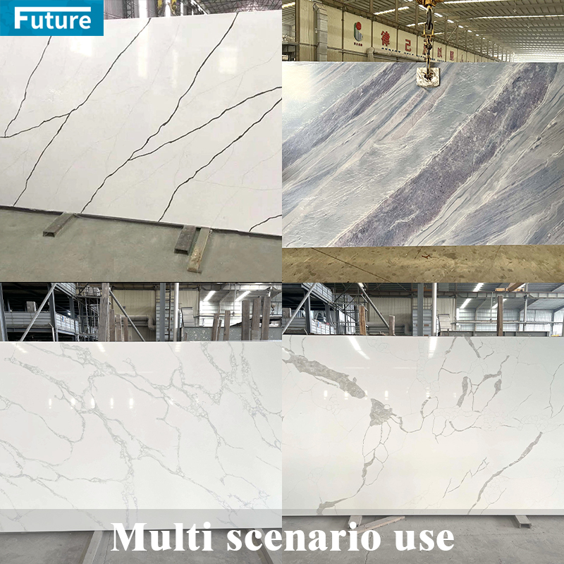 Custom White Gold Kitchen Countertops India Modern CE Certified Acrylic Artificial Marble Slabs Polished Calacatta Quartz Stone