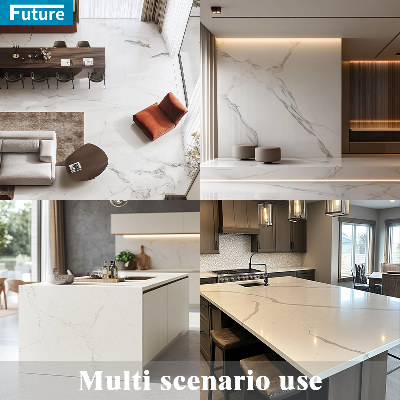 Custom White Gold Kitchen Countertops India Modern CE Certified Acrylic Artificial Marble Slabs Polished Calacatta Quartz Stone