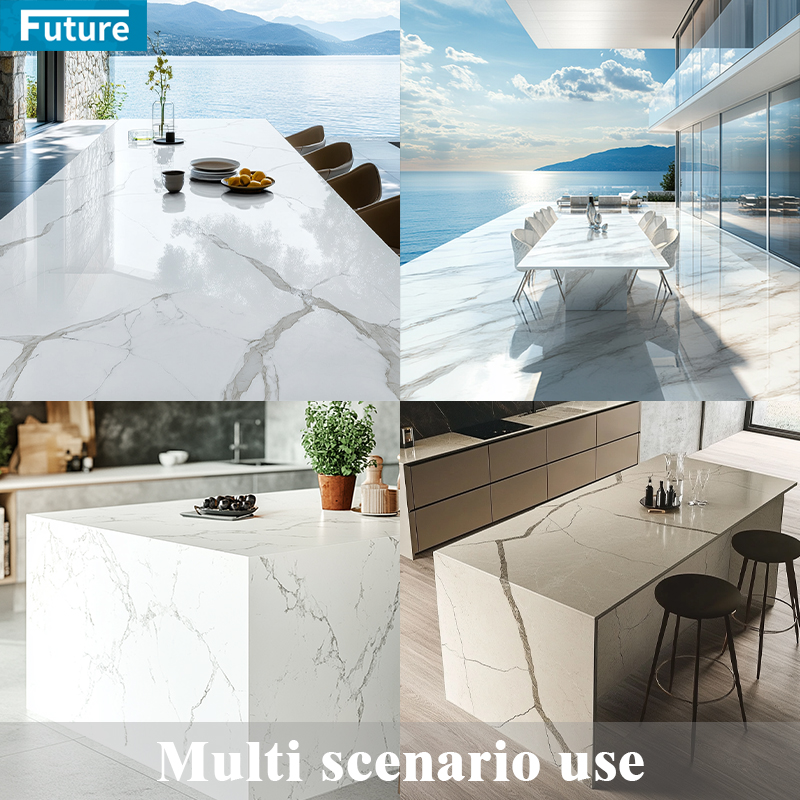 Modern Wholesale White Clear Calacatta Quartz Artificial Stone Kitchen Island Slab Production Line Countertops Slabs