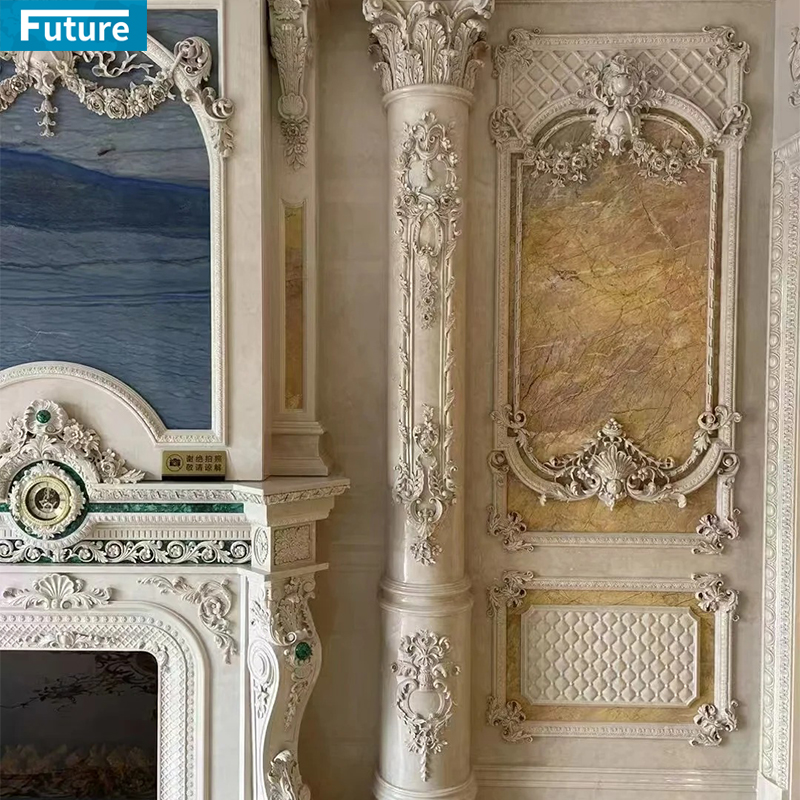 Customize Luxury Royal Design Interior Beige Marble Column Pillar With Art Carvings for Villa Hotel Lobby Fireplace Decoration