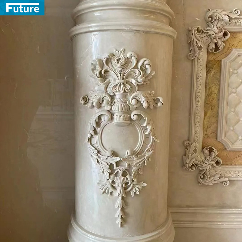 Customize Luxury Royal Design Interior Beige Marble Column Pillar With Art Carvings for Villa Hotel Lobby Fireplace Decoration