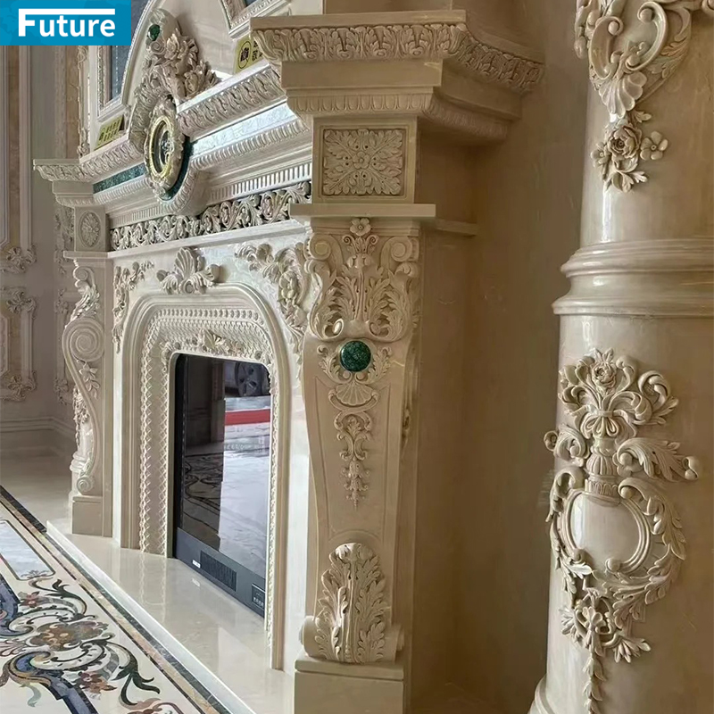 Customize Luxury Royal Design Interior Beige Marble Column Pillar With Art Carvings for Villa Hotel Lobby Fireplace Decoration