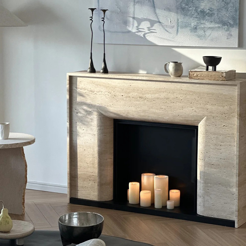 Luxury Indoor Natural Stone Wabi-sabi Style Indoor Carved Surround Luxury Beige Travertine Fireplace Mantel for Villa Decor
