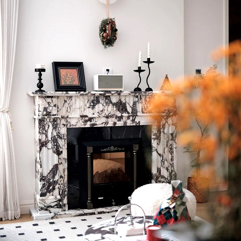 Luxury Style Natural Calacatta Viola Marble Surround Fireplace Mantel TV Stand for Villa Livingroom Hotel Indoor Decoration