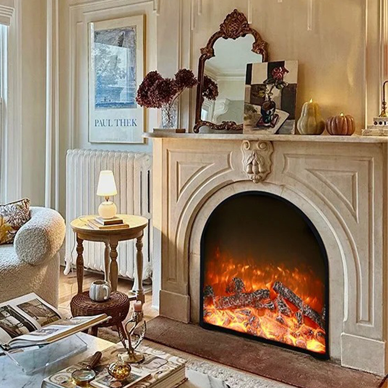 Wabi-sabi Style Indoor Natural Stone Beige Marble Surround Fireplace Mantel TV Stand with Artistic Carving for Villa Decor