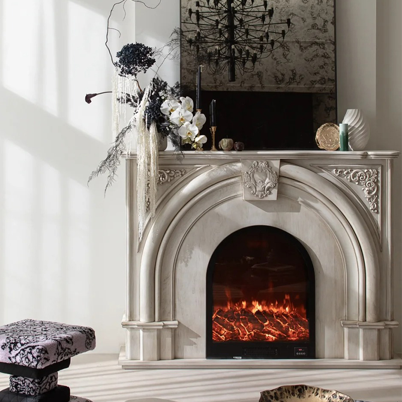 Wabi-sabi Style Indoor Natural Stone Beige Marble Surround Fireplace Mantel TV Stand with Artistic Carving for Villa Decor