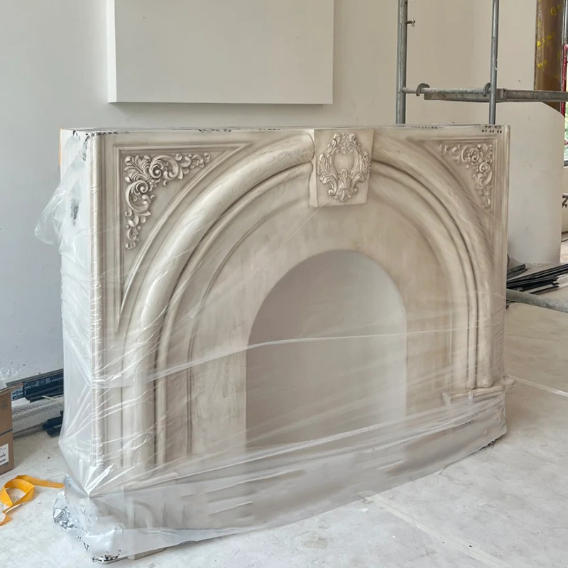 Wabi-sabi Style Indoor Natural Stone Beige Marble Surround Fireplace Mantel TV Stand with Artistic Carving for Villa Decor