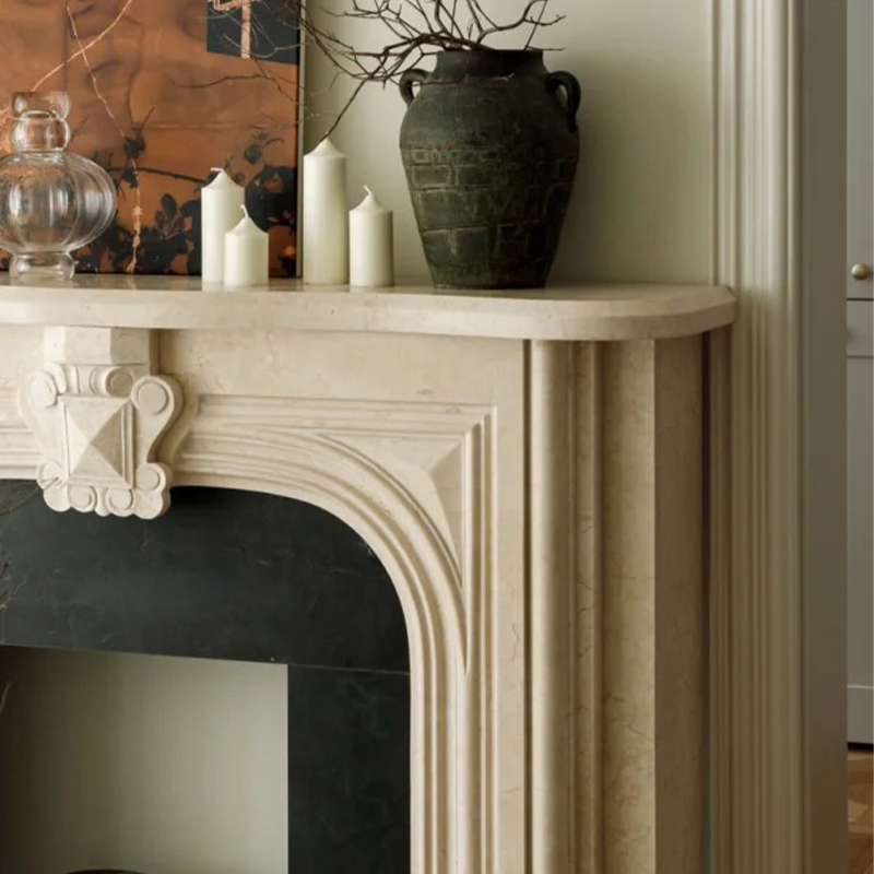 Wabi-sabi Style Indoor Natural Stone Beige Marble Surround Fireplace Mantel TV Stand with Artistic Carving for Villa Decor