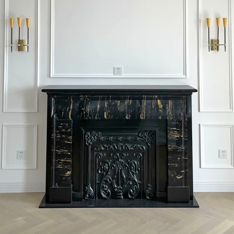 Luxury Natural Stone Wood Burning Black Marble Fireplace Surround Mantel with Artistic Carving for Indoor Hotel Villa Decor