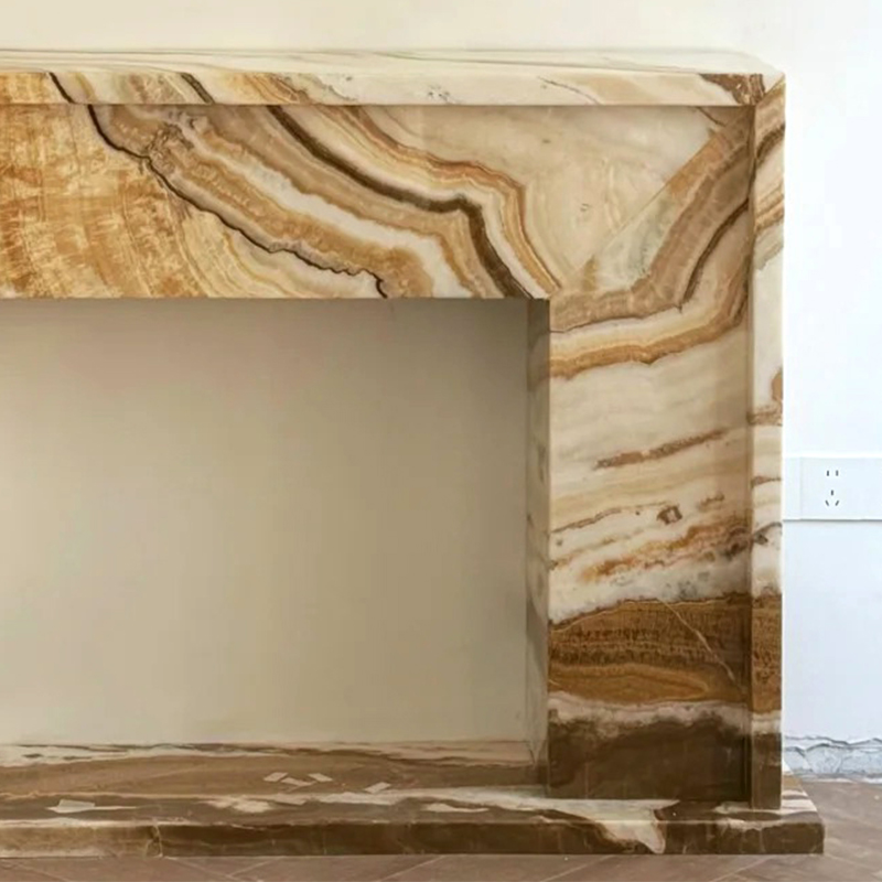 Luxury Style Indoor Natural Stone Ctaved Beige Onyx Marble Fireplace Mantel for Hotel Villa Decor