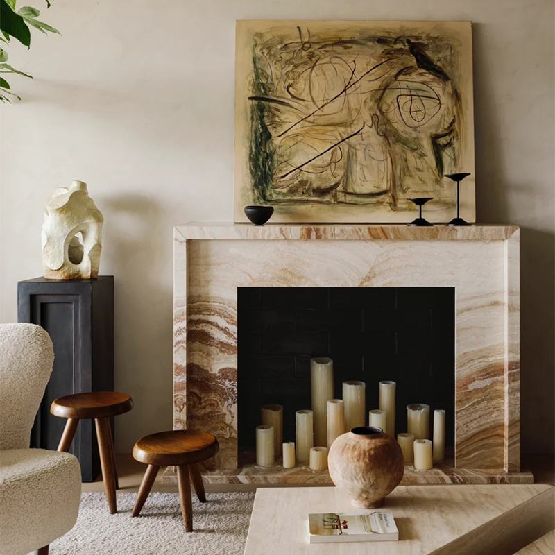 Luxury Style Indoor Natural Stone Ctaved Beige Onyx Marble Fireplace Mantel for Hotel Villa Decor