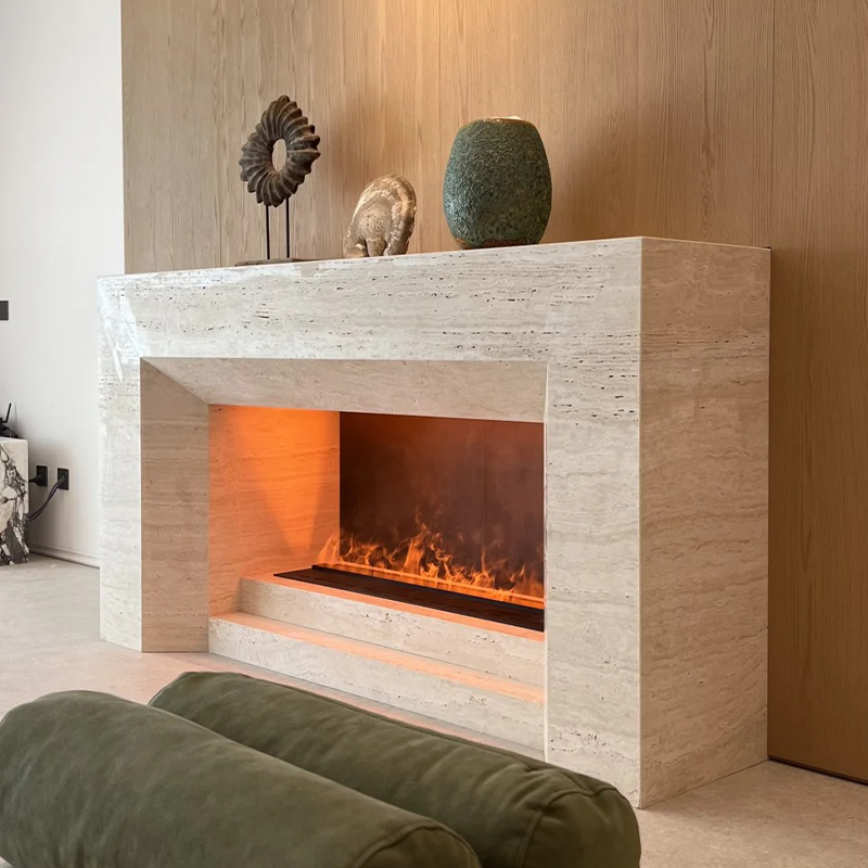 Luxury Indoor Natural Wabi-sabi Style Indoor Surround Hand Craved Beige Travertine Fireplace Mantel for Villa Hotel Decor