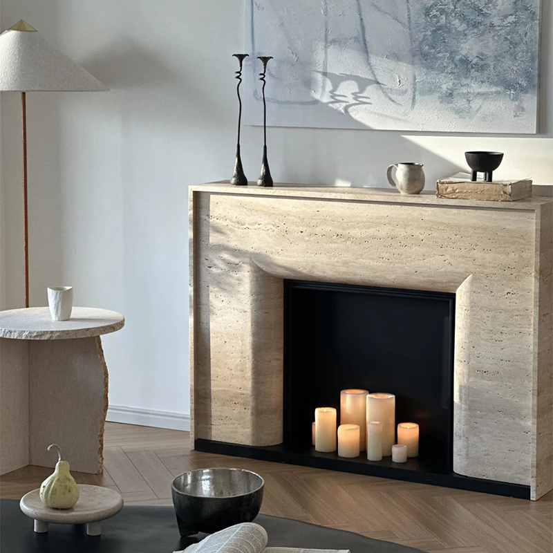 Luxury Indoor Natural Wabi-sabi Style Indoor Surround Hand Craved Beige Travertine Fireplace Mantel for Villa Hotel Decor