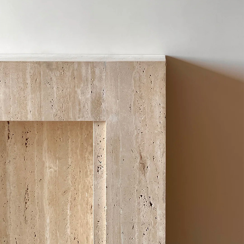 Luxury Indoor Natural Wabi-sabi Style Indoor Surround Hand Craved Beige Travertine Fireplace Mantel for Villa Hotel Decor