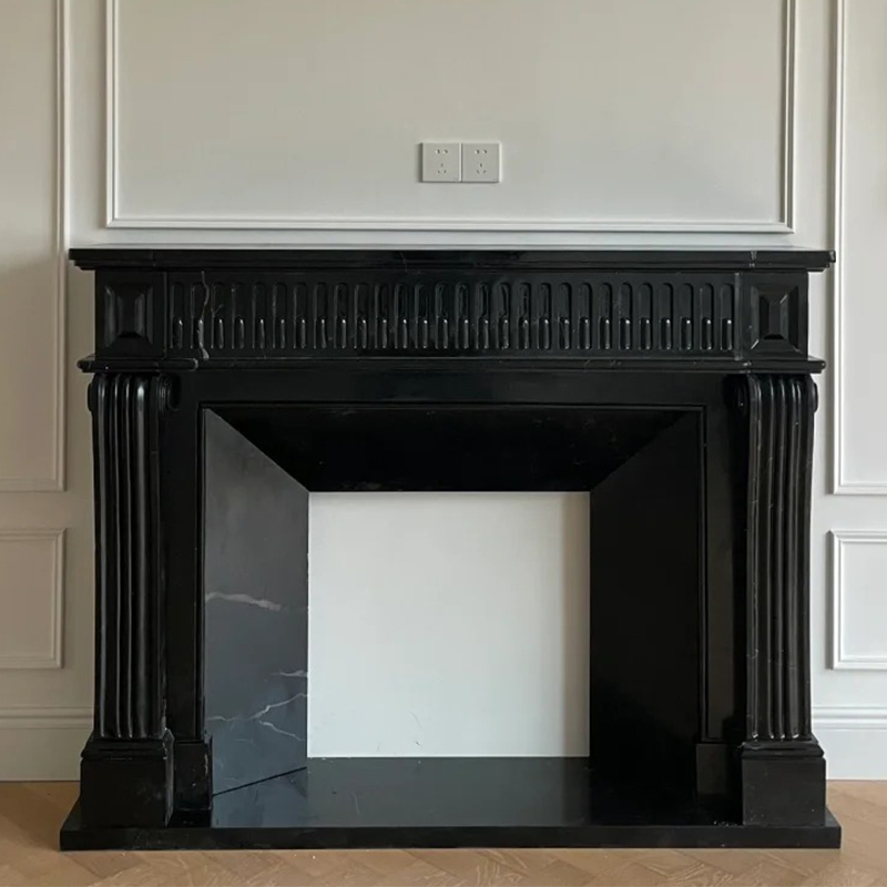 Luxury Natural Stone Wood Burning Hand Craved Real Italian Black Marble Fireplace Surround Mantel for Indoor Hotel Villa Decor