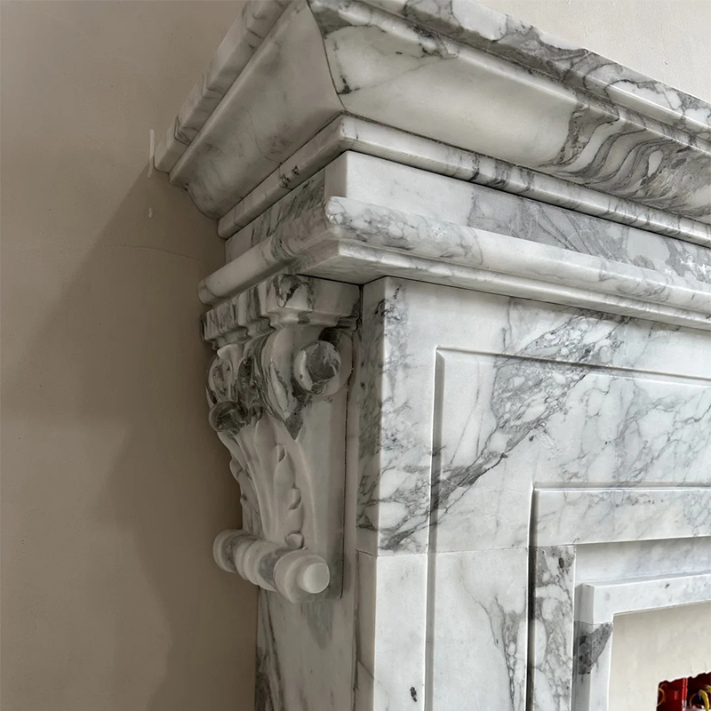 French Style Modern Natural Arabescato White Marble Fireplace Surround Mantel with Artistic Engraving for Home Decor
