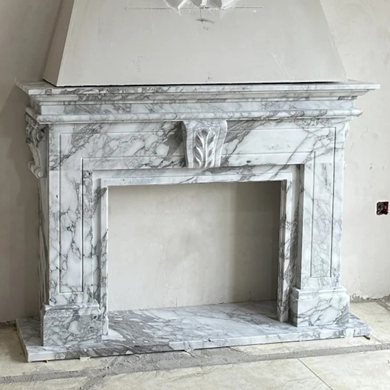 French Style Modern Natural Arabescato White Marble Fireplace Surround Mantel with Artistic Engraving for Home Decor