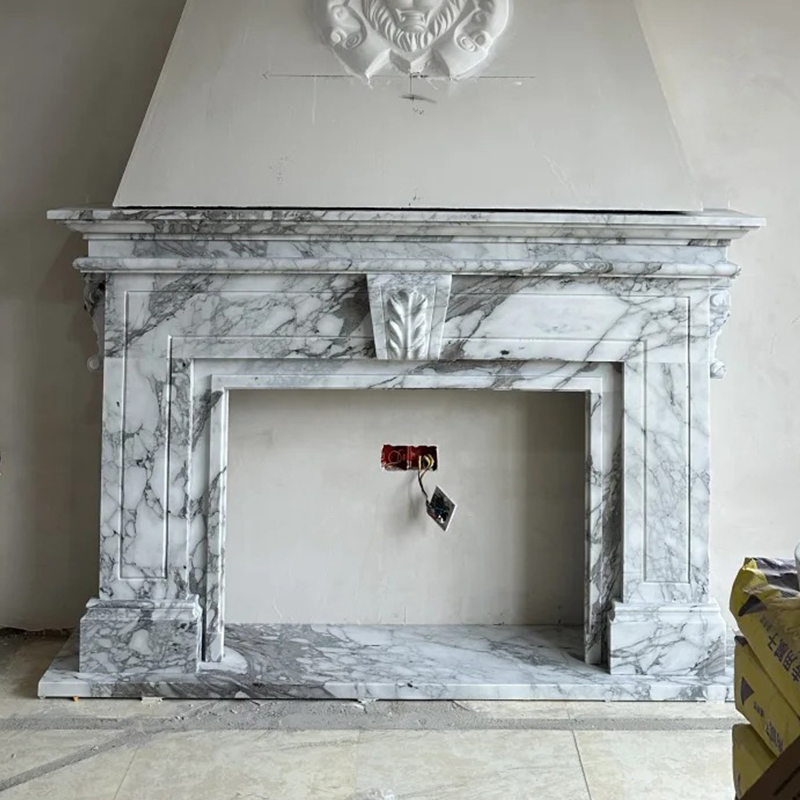 French Style Modern Natural Arabescato White Marble Fireplace Surround Mantel with Artistic Engraving for Home Decor