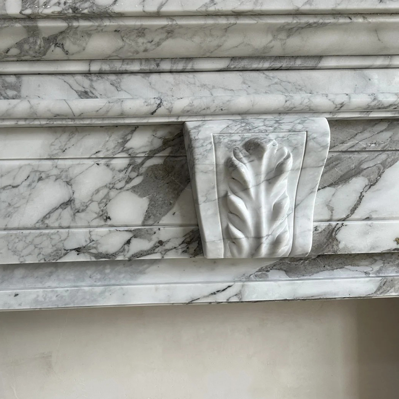 French Style Modern Natural Arabescato White Marble Fireplace Surround Mantel with Artistic Engraving for Home Decor