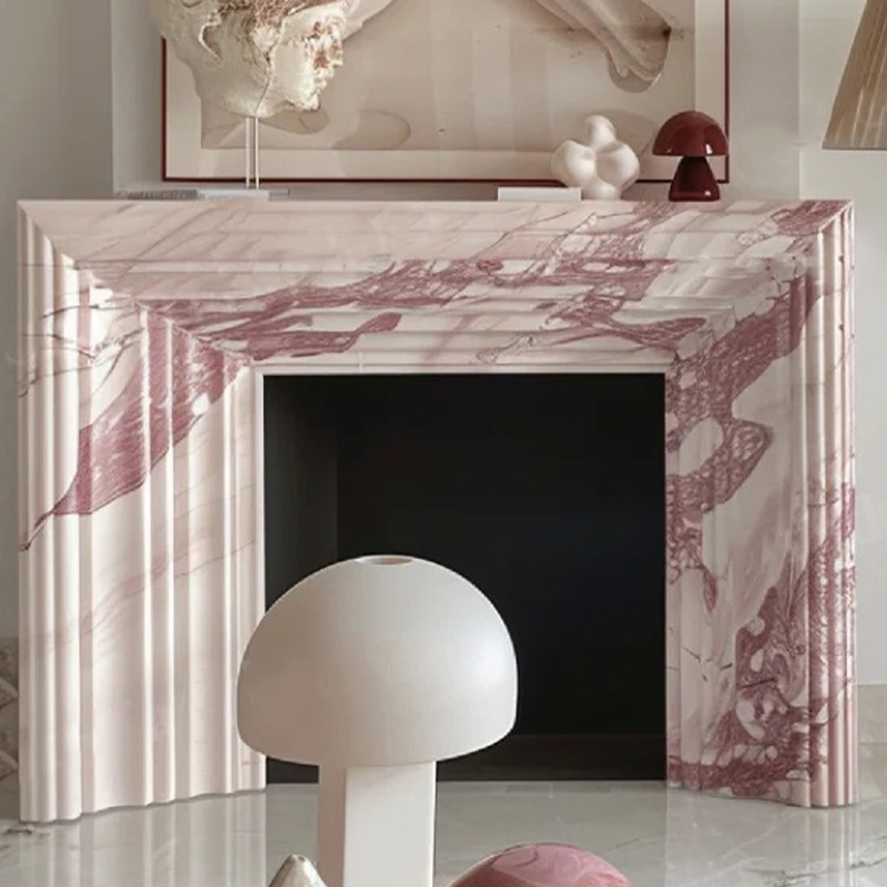French Style Modern Natural Pink Marble Fireplace Surround Mantel with Artistic Engraving for Interior Home Decor