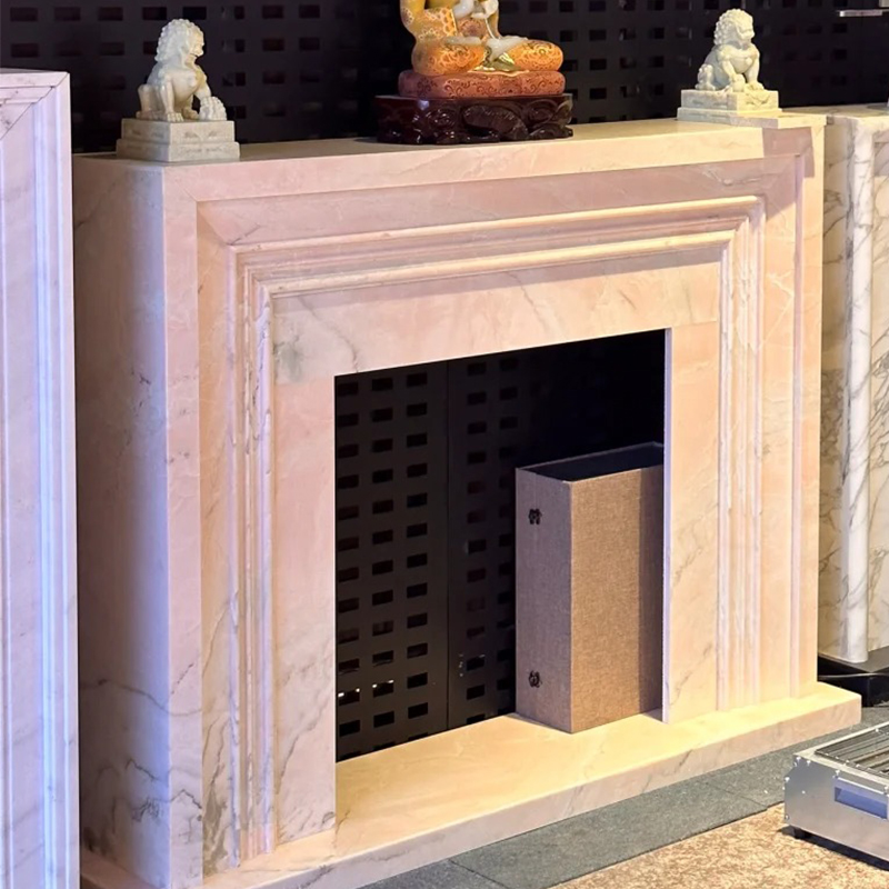 French Style Modern Natural Pink Marble Fireplace Surround Mantel with Artistic Engraving for Interior Home Decor
