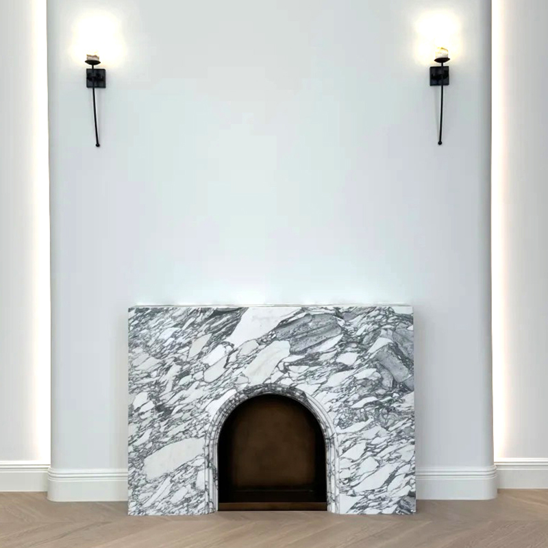 French Luxury Style Modern Natural Arabescato White Marble Fireplace Surround Mantel with Artistic Engraving for Home Decor