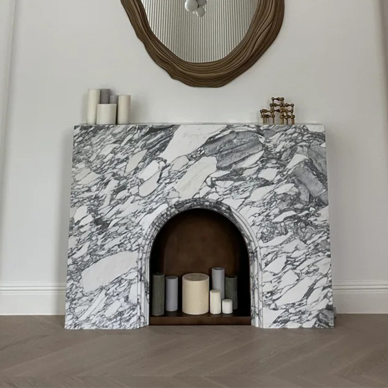 French Luxury Style Modern Natural Arabescato White Marble Fireplace Surround Mantel with Artistic Engraving for Home Decor