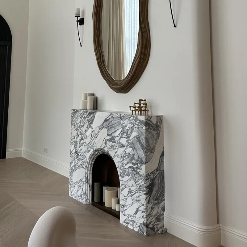 French Luxury Style Modern Natural Arabescato White Marble Fireplace Surround Mantel with Artistic Engraving for Home Decor