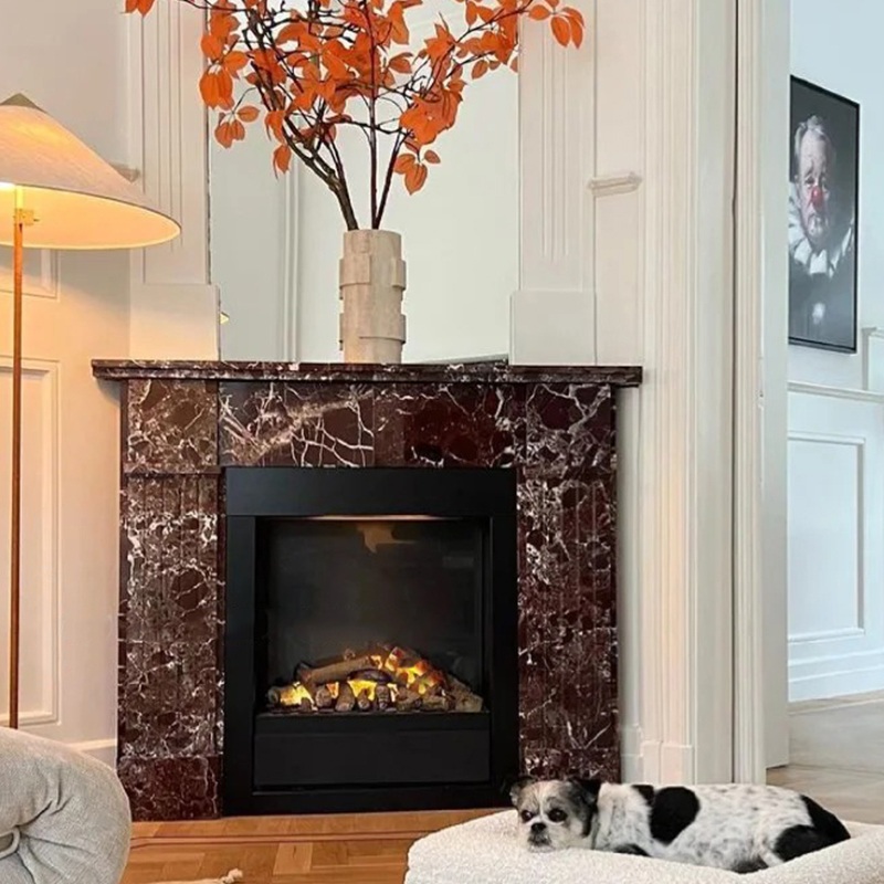 French Luxury Style Modern Natural Roso Lepanto Red Marble Fireplace Surround Mantel with Artistic Engraving for Home Decor