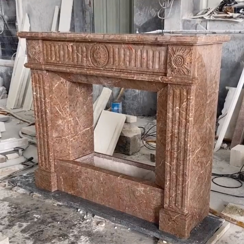 French Luxury Style Modern Natural Roso Lepanto Red Marble Fireplace Surround Mantel with Artistic Engraving for Home Decor
