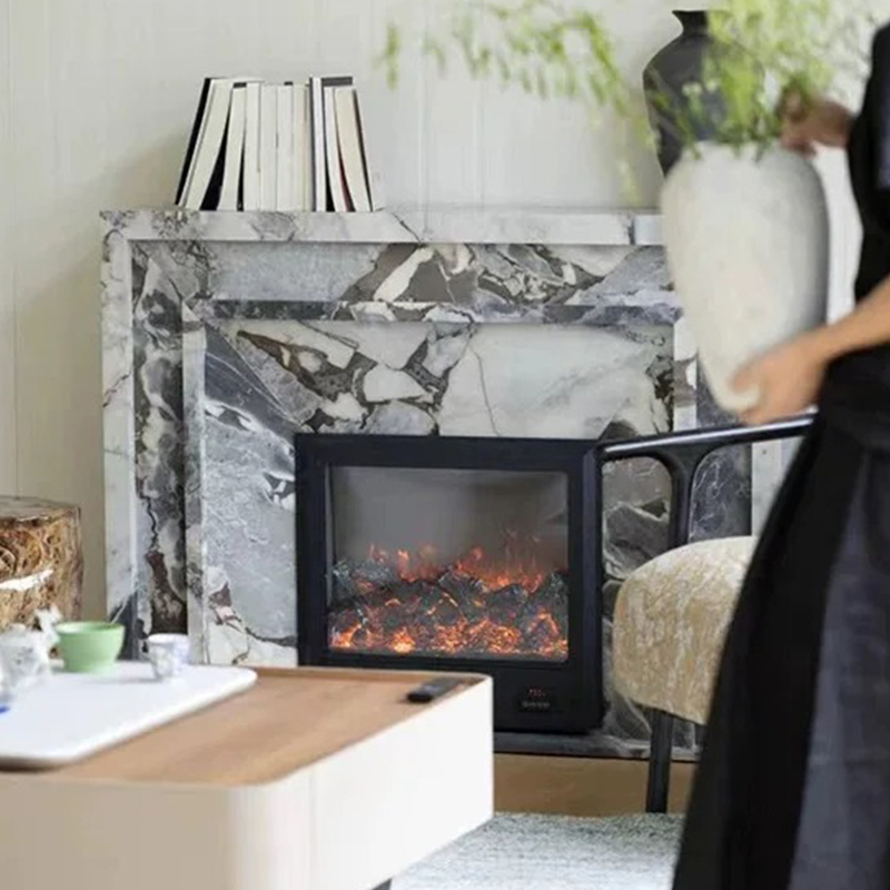 Modern Indoor Fireplace Mantel Hand Carved Natural Beige Limestone Fluted Marble Surround Freestanding Installation