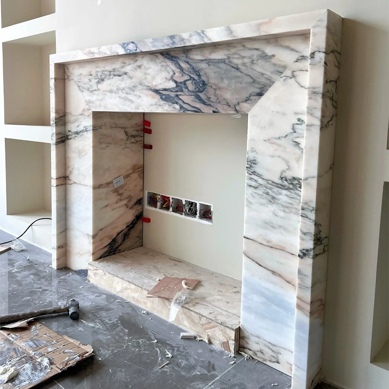 Modern Indoor Fireplace Mantel Hand Carved Natural Beige Limestone Fluted Marble Surround Freestanding Installation