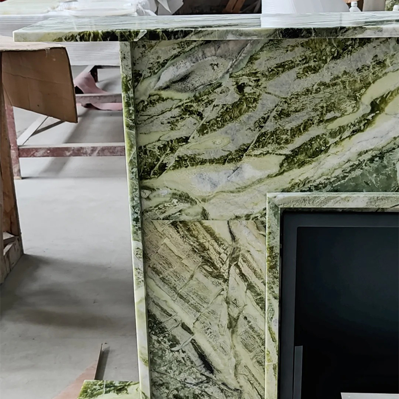 Luxury Natural Stone Hand Craved Italian Light Calacatta Green Marble Fireplace Surround Mantel for Indoor Hotel Villa Decor
