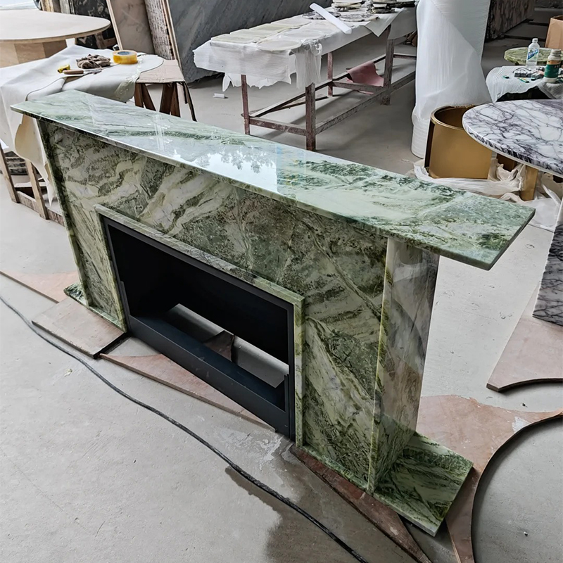 Luxury Natural Stone Hand Craved Italian Light Calacatta Green Marble Fireplace Surround Mantel for Indoor Hotel Villa Decor